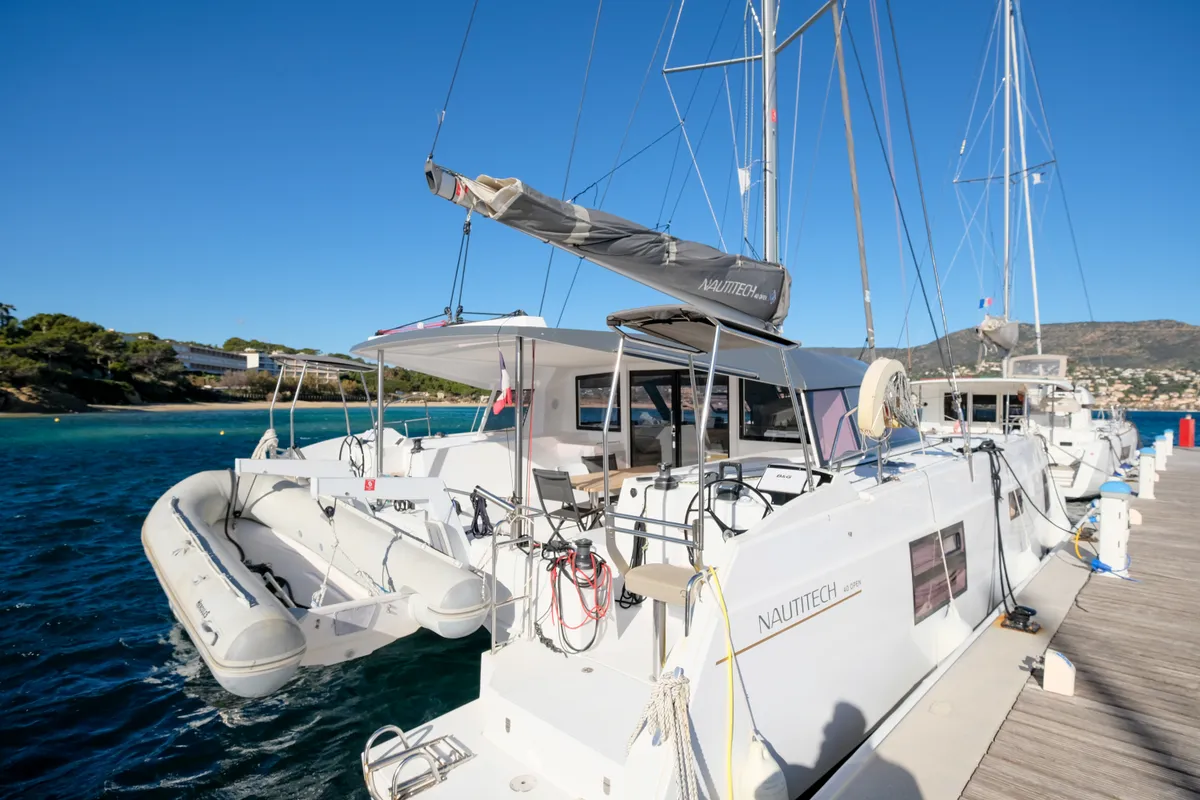 Exterior view of Grelots, a Nautitech 40 Open catamaran at Hyères, France
