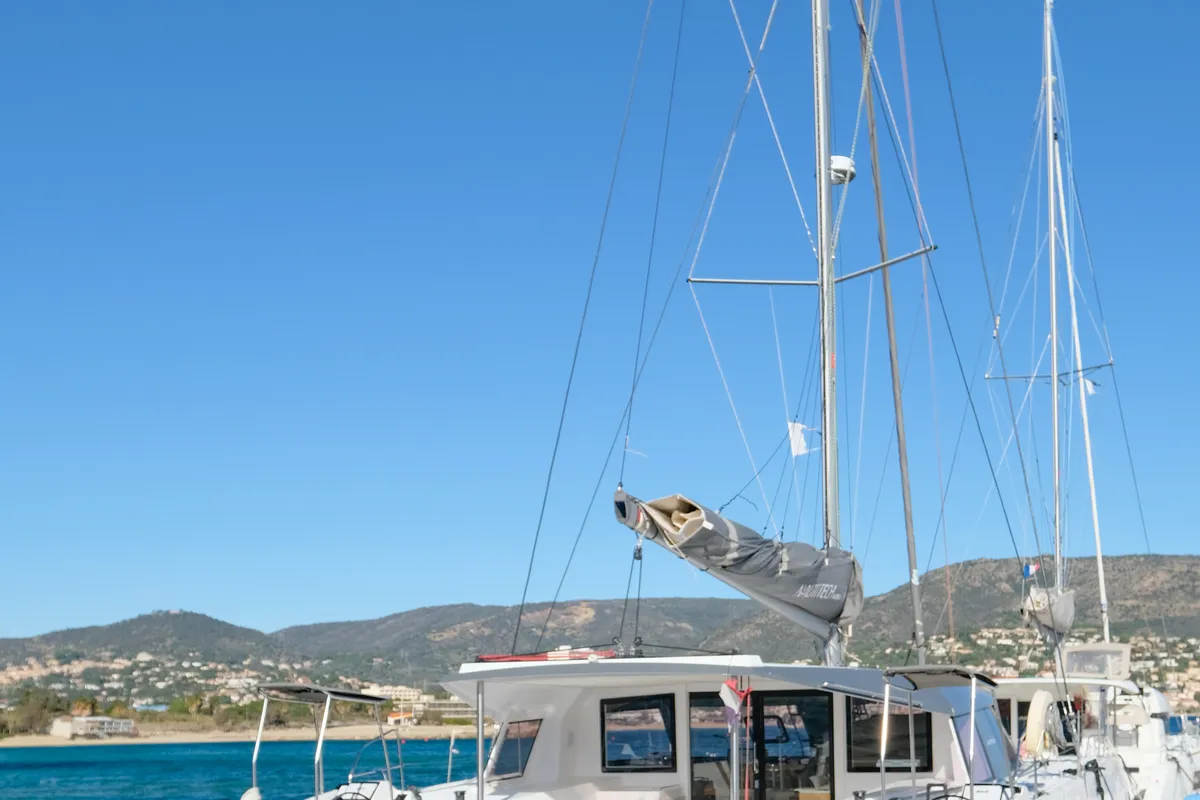 Exterior view of Grelots, a Nautitech 40 Open catamaran at Hyères, France