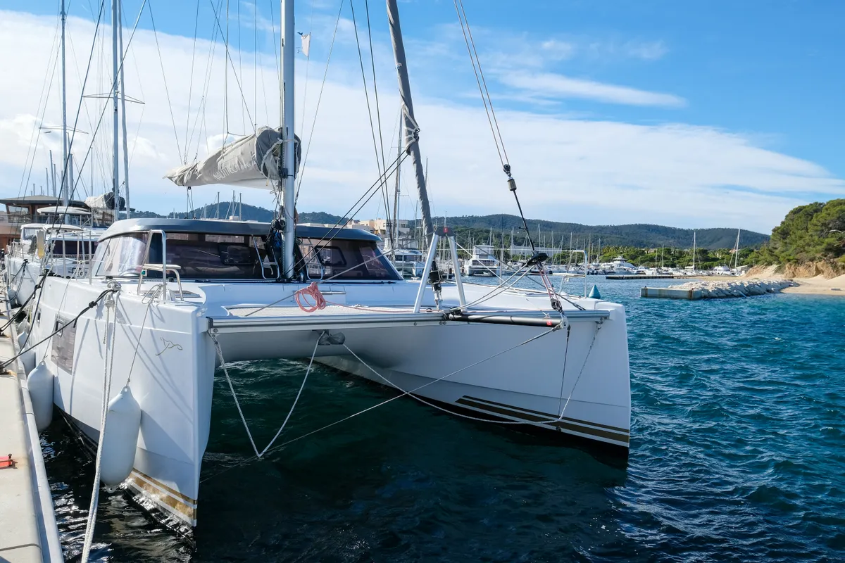 Exterior view of Grelots, a Nautitech 40 Open catamaran at Hyères, France