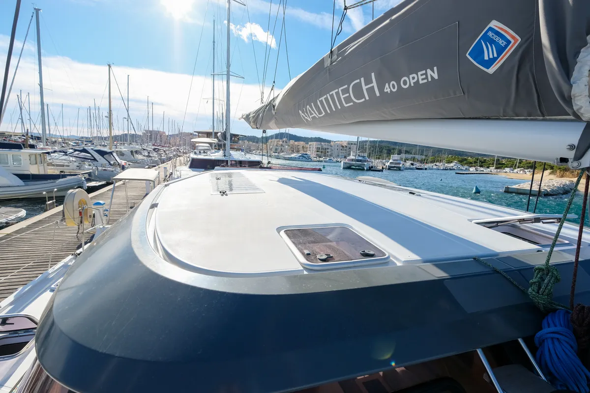 Deck of Grelots, a Nautitech 40 Open catamaran at Hyères, France