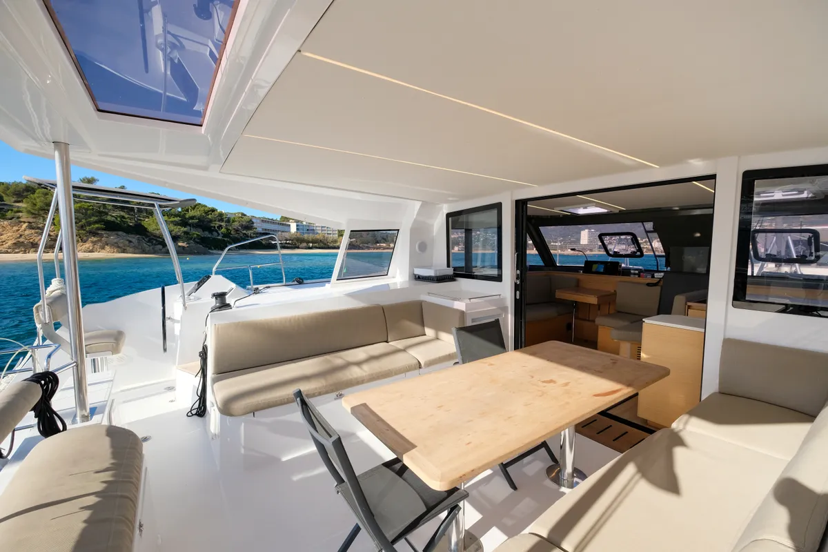 Deck of Grelots, a Nautitech 40 Open catamaran at Hyères, France