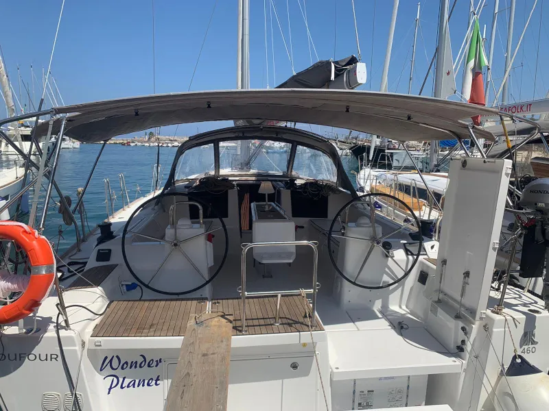 Cockpit of Wonder Planet, a Dufour 460 Grand Large sailboat at Tonnarella, Italy