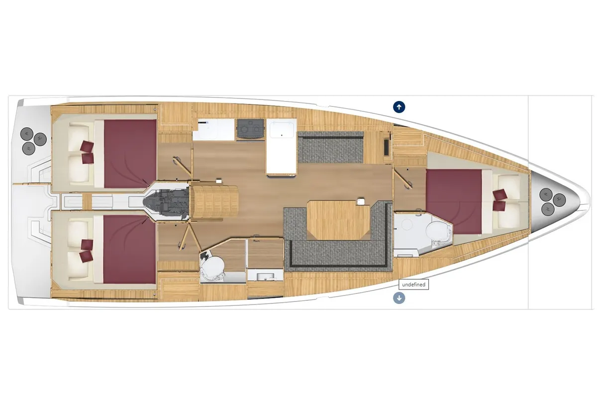 Floor plan of Bavaria C38, a sailboat at Tropea, Italy