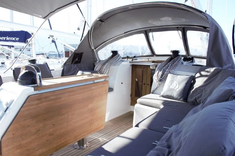 Deck of Euphoria, a Bavaria Cruiser 51 sailboat at Castellammare di Stabia, Italy