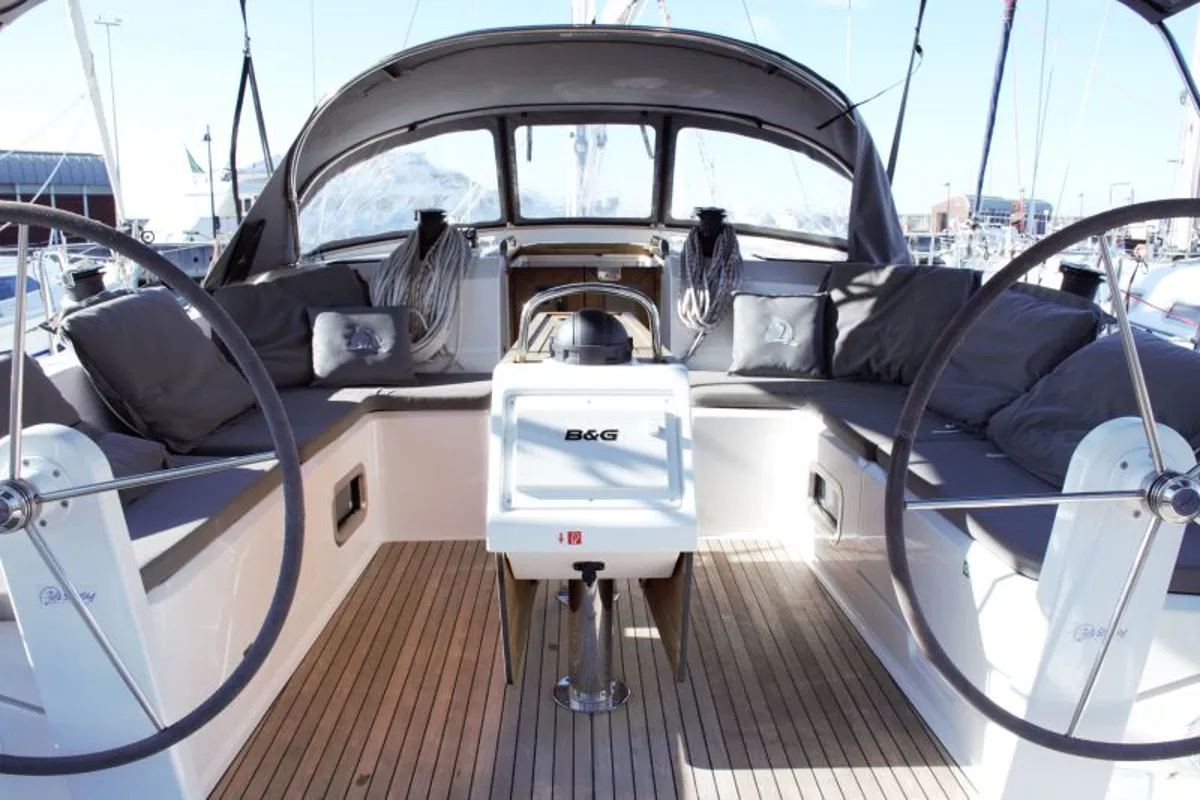 Cockpit of Euphoria, a Bavaria Cruiser 51 sailboat at Castellammare di Stabia, Italy