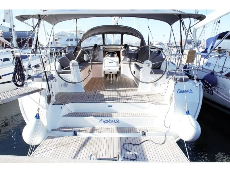 Cockpit of Euphoria, a Bavaria Cruiser 51 sailboat at Castellammare di Stabia, Italy