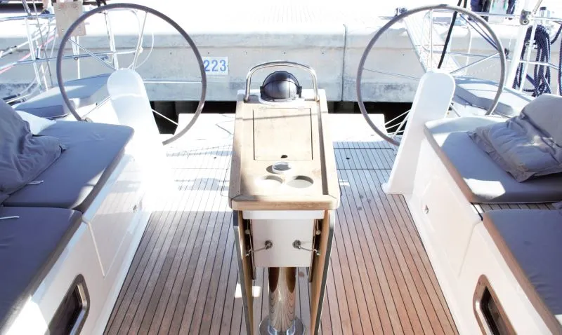 Cockpit of Euphoria, a Bavaria Cruiser 51 sailboat at Castellammare di Stabia, Italy