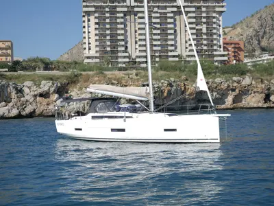 Exterior view of Bloody Mary, a Dufour 430 sailboat at Milazzo, Italy