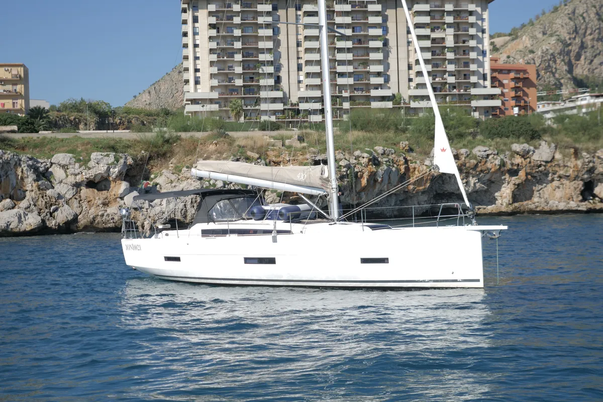Exterior view of Bloody Mary, a Dufour 430 sailboat at Milazzo, Italy