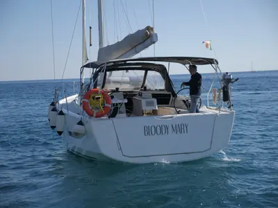 Exterior view of Bloody Mary, a Dufour 430 sailboat at Milazzo, Italy