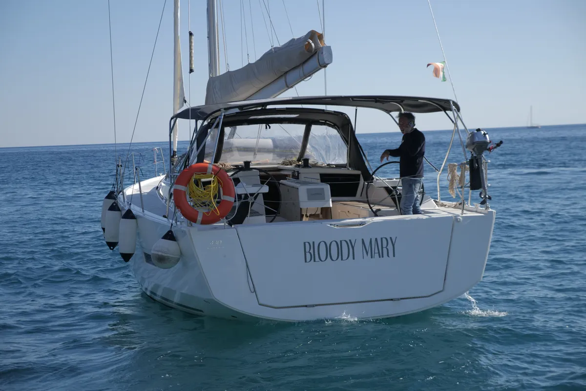 Exterior view of Bloody Mary, a Dufour 430 sailboat at Milazzo, Italy