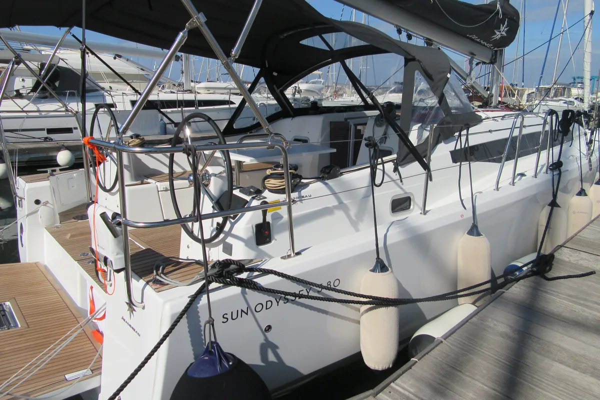 Exterior view of Euforica, a Jeanneau Sun Odyssey 380 sailboat at San Vincenzo, Italy