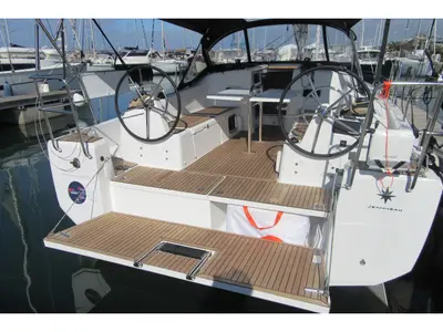 Cockpit of Euforica, a Jeanneau Sun Odyssey 380 sailboat at San Vincenzo, Italy