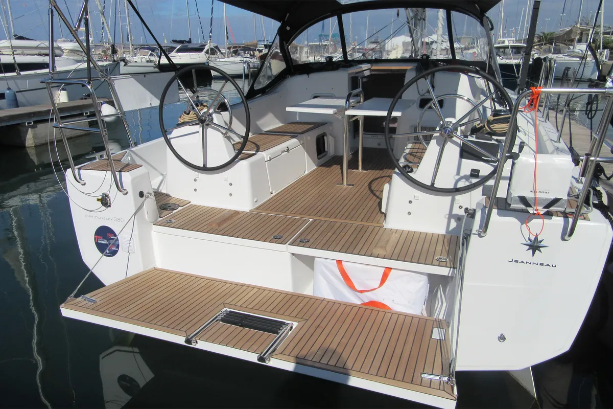 Cockpit of Euforica, a Jeanneau Sun Odyssey 380 sailboat at San Vincenzo, Italy