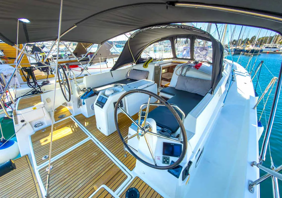 Cockpit of Sigma Kiss, a Jeanneau Sun Odyssey 440 sailboat at Grad Pula, Croatia
