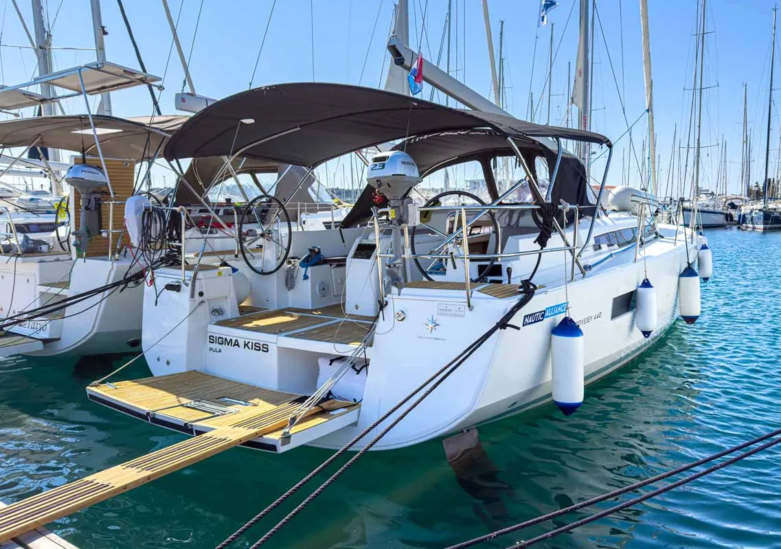 Exterior view of Sigma Kiss, a Jeanneau Sun Odyssey 440 sailboat at Grad Pula, Croatia