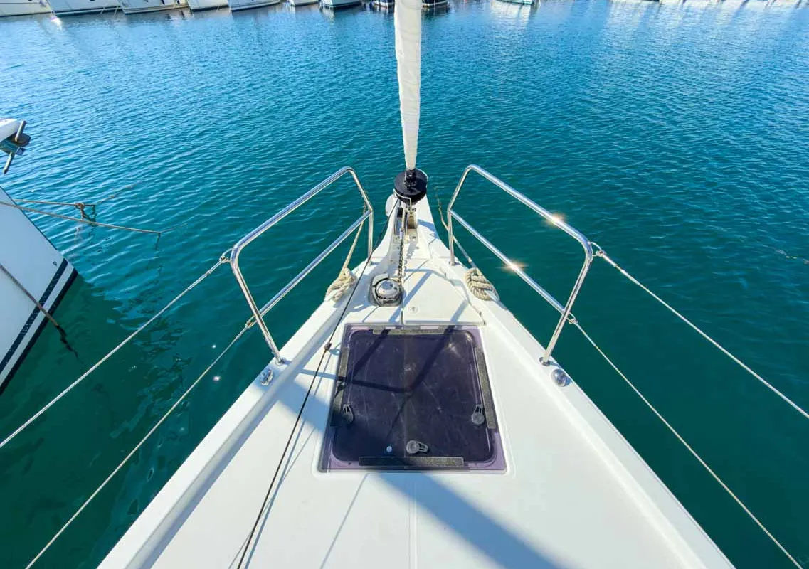 Deck of Sigma Kiss, a Jeanneau Sun Odyssey 440 sailboat at Grad Pula, Croatia