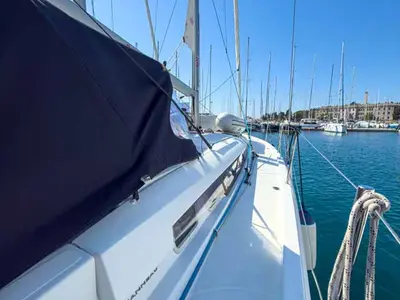 Deck of Sigma Kiss, a Jeanneau Sun Odyssey 440 sailboat at Grad Pula, Croatia