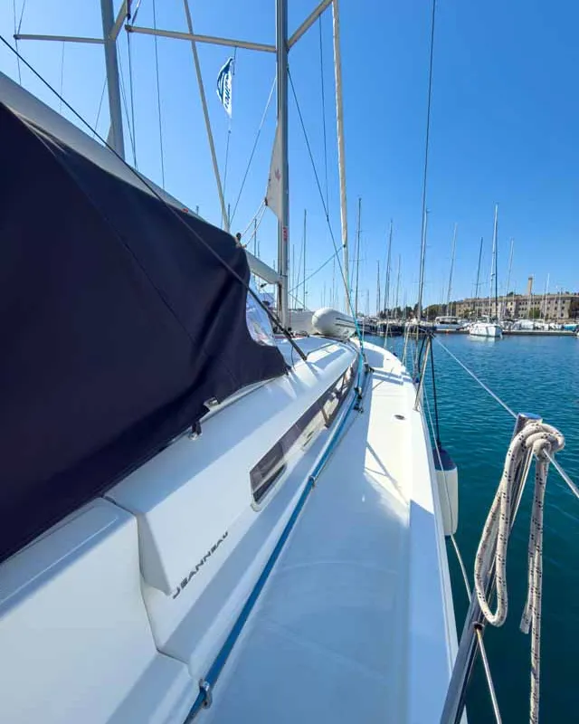 Deck of Sigma Kiss, a Jeanneau Sun Odyssey 440 sailboat at Grad Pula, Croatia