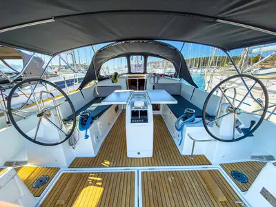 Cockpit of Sigma Kiss, a Jeanneau Sun Odyssey 440 sailboat at Grad Pula, Croatia