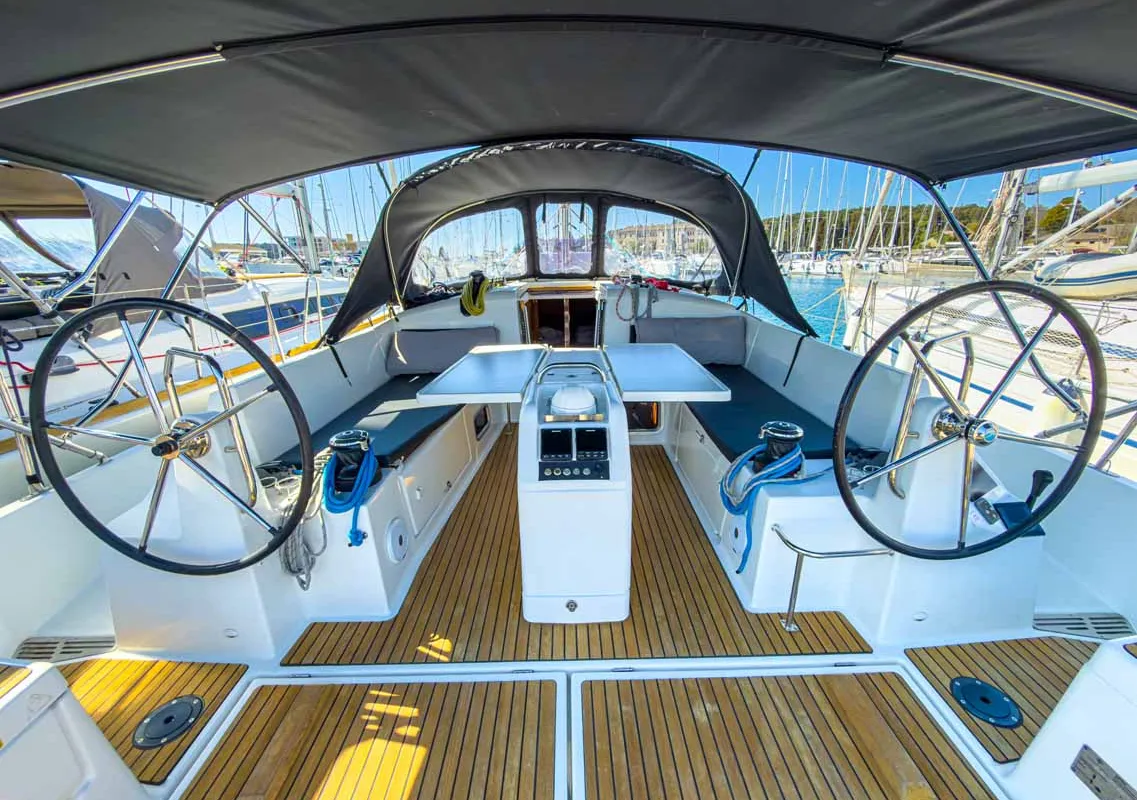 Cockpit of Sigma Kiss, a Jeanneau Sun Odyssey 440 sailboat at Grad Pula, Croatia