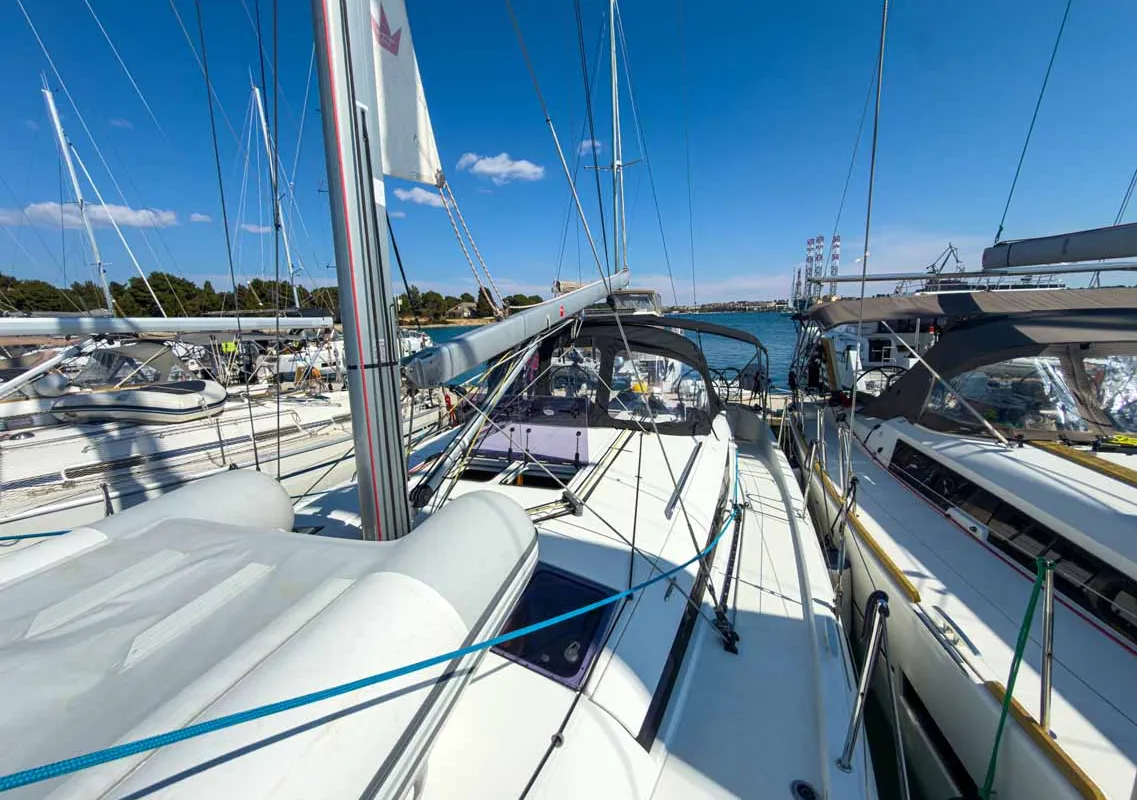 Deck of Sigma Kiss, a Jeanneau Sun Odyssey 440 sailboat at Grad Pula, Croatia