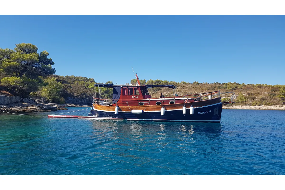 Exterior view of Palagruža, a Gulet Motor sailer motorboat at Split, Croatia