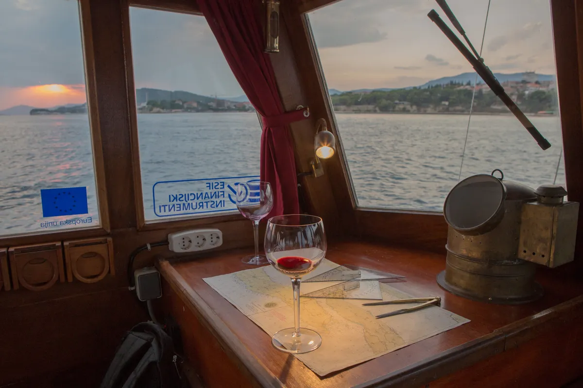 Cockpit of Palagruža, a Gulet Motor sailer motorboat at Split, Croatia