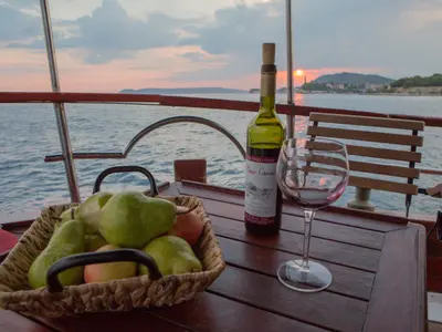 Deck of Palagruža, a Gulet Motor sailer motorboat at Split, Croatia