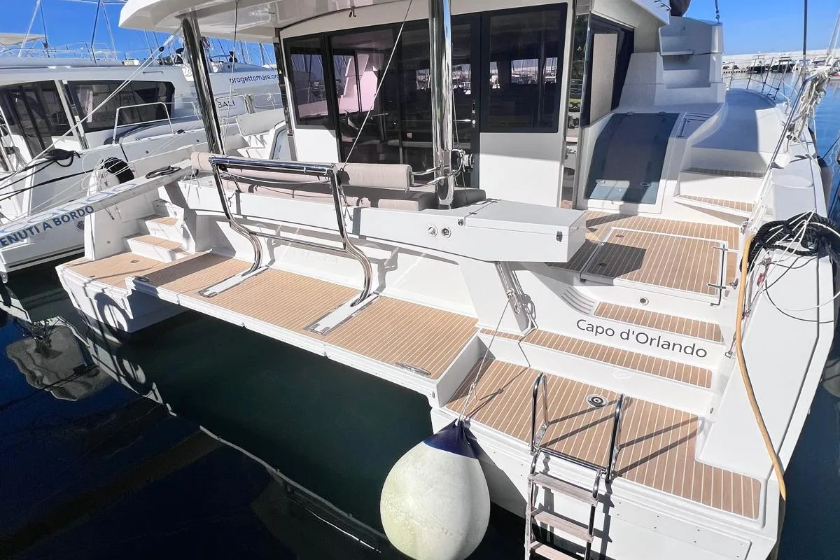 Exterior view of Virginia, a Bali 5.4 catamaran at Olbia, Italy