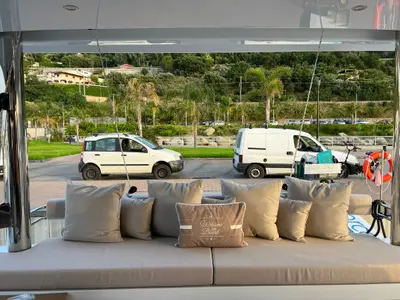 Deck of Virginia, a Bali 5.4 catamaran at Olbia, Italy