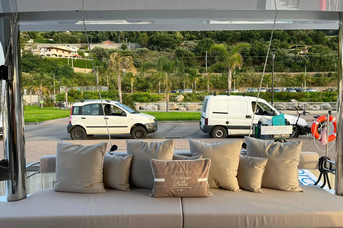Deck of Virginia, a Bali 5.4 catamaran at Olbia, Italy