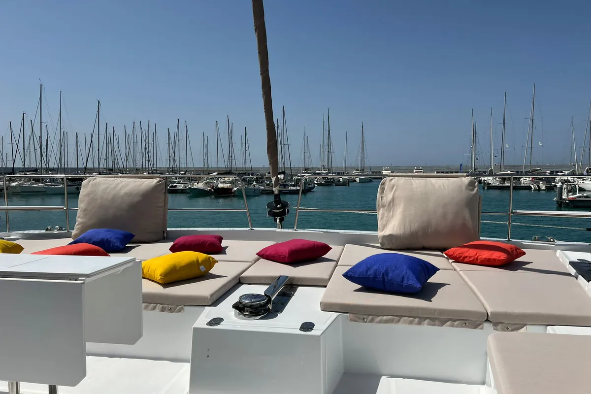 Deck of Virginia, a Bali 5.4 catamaran at Olbia, Italy