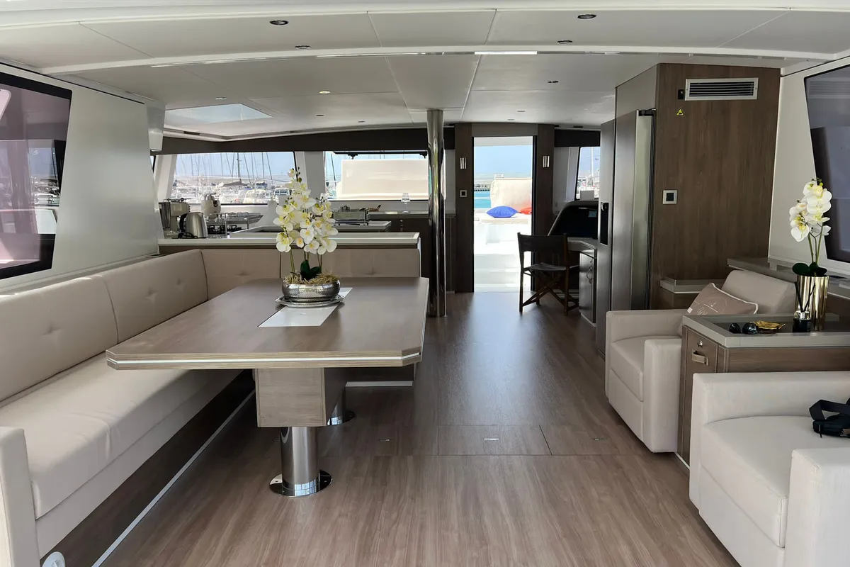 Salon of Virginia, a Bali 5.4 catamaran at Olbia, Italy