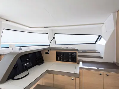 Cockpit of Virginia, a Bali 5.4 catamaran at Olbia, Italy