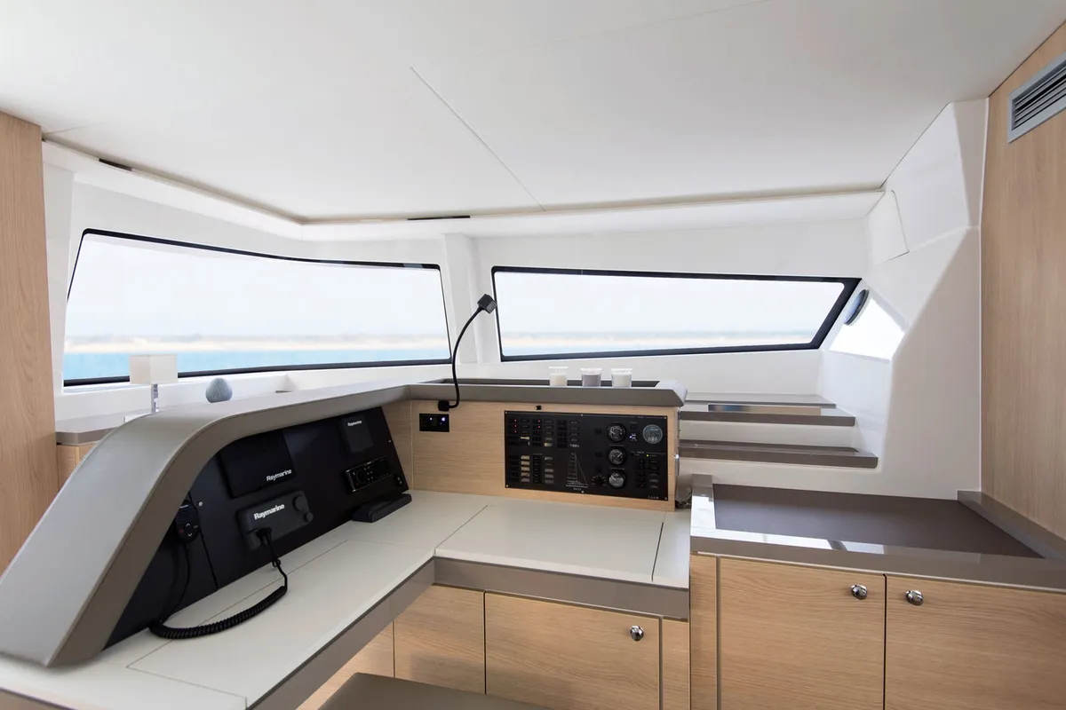 Cockpit of Virginia, a Bali 5.4 catamaran at Olbia, Italy