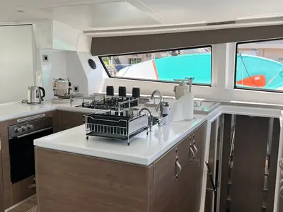 Galley of Virginia, a Bali 5.4 catamaran at Olbia, Italy
