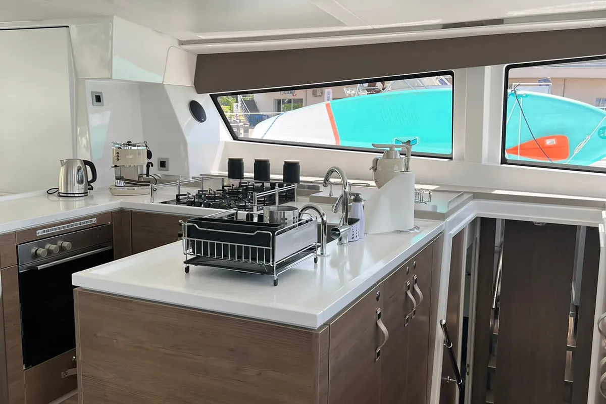 Galley of Virginia, a Bali 5.4 catamaran at Olbia, Italy