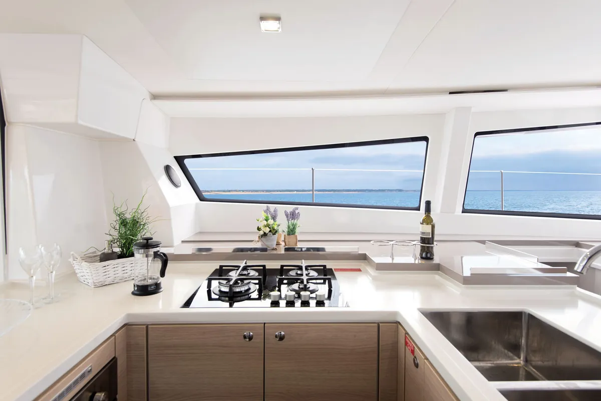Galley of Virginia, a Bali 5.4 catamaran at Olbia, Italy