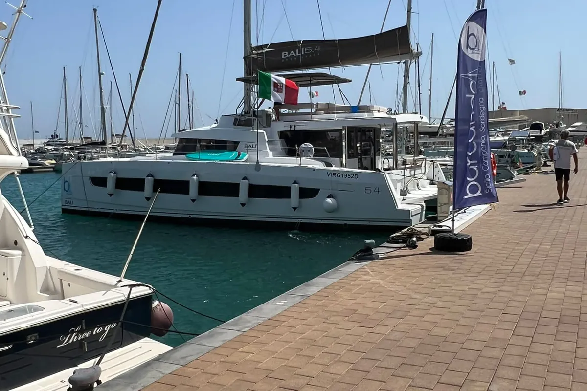 Exterior view of Virginia, a Bali 5.4 catamaran at Olbia, Italy