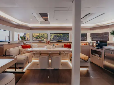 Salon of Almosta Road, a Lagoon 55 catamaran at Nea Peramos, Greece