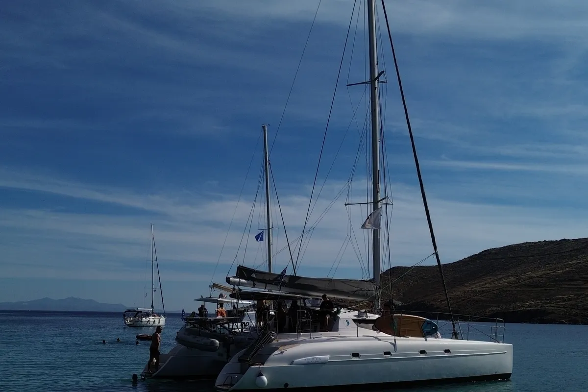 Exterior view of Vetrogon, a Fountaine Pajot Bahia 46 catamaran at Mykonos, Greece