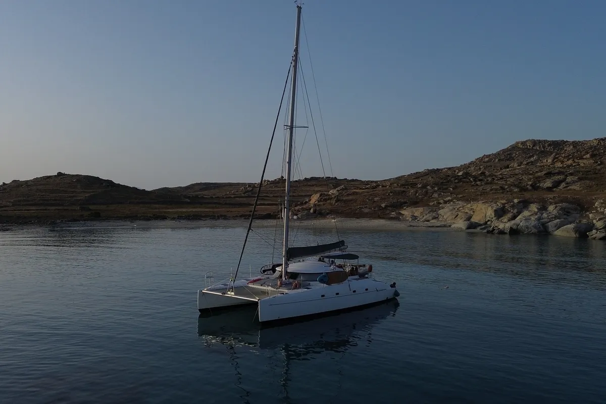 Exterior view of Vetrogon, a Fountaine Pajot Bahia 46 catamaran at Mykonos, Greece