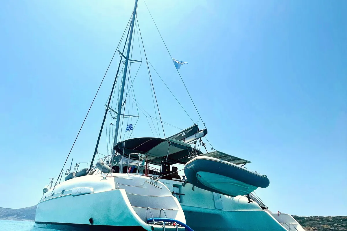 Exterior view of Vetrogon, a Fountaine Pajot Bahia 46 catamaran at Mykonos, Greece
