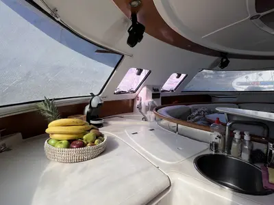 Galley of Vetrogon, a Fountaine Pajot Bahia 46 catamaran at Mykonos, Greece
