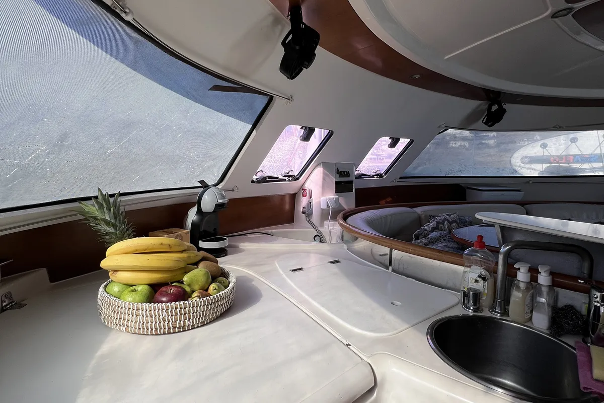 Galley of Vetrogon, a Fountaine Pajot Bahia 46 catamaran at Mykonos, Greece
