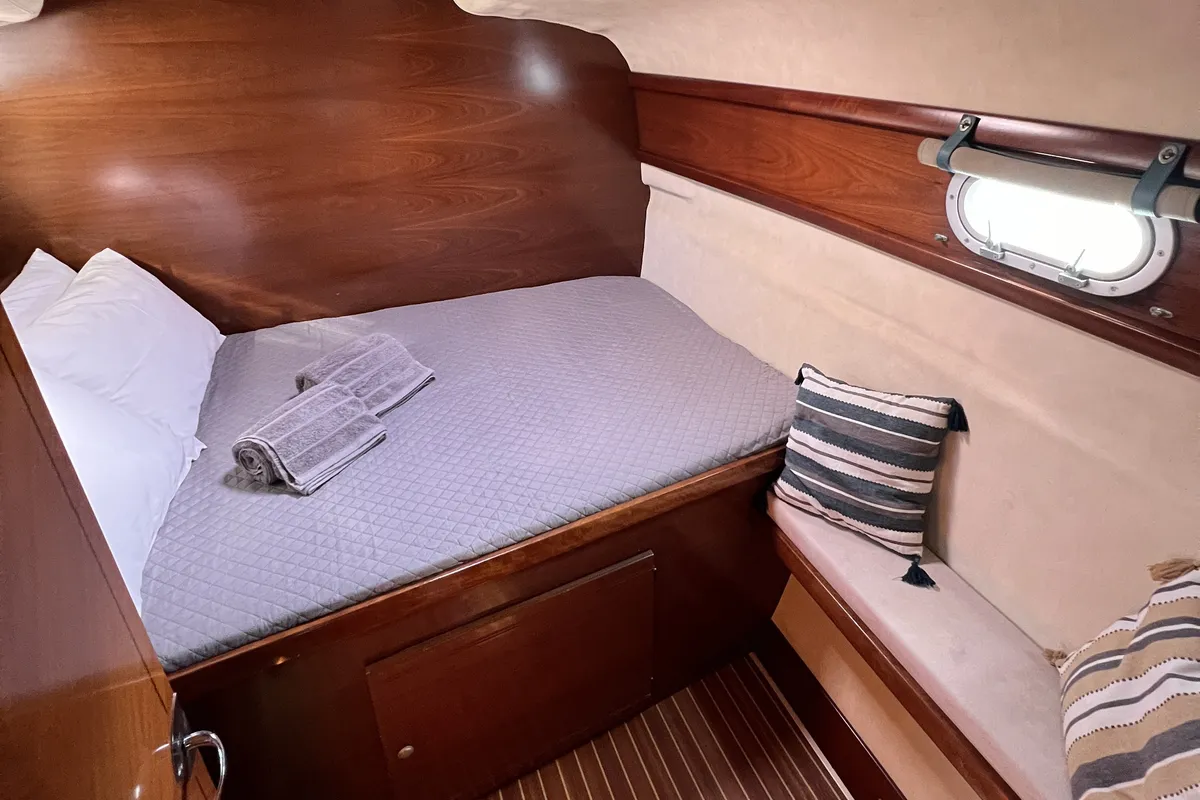 Cabin on Vetrogon, a Fountaine Pajot Bahia 46 catamaran at Mykonos, Greece