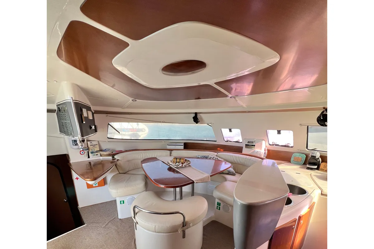 Salon of Vetrogon, a Fountaine Pajot Bahia 46 catamaran at Mykonos, Greece