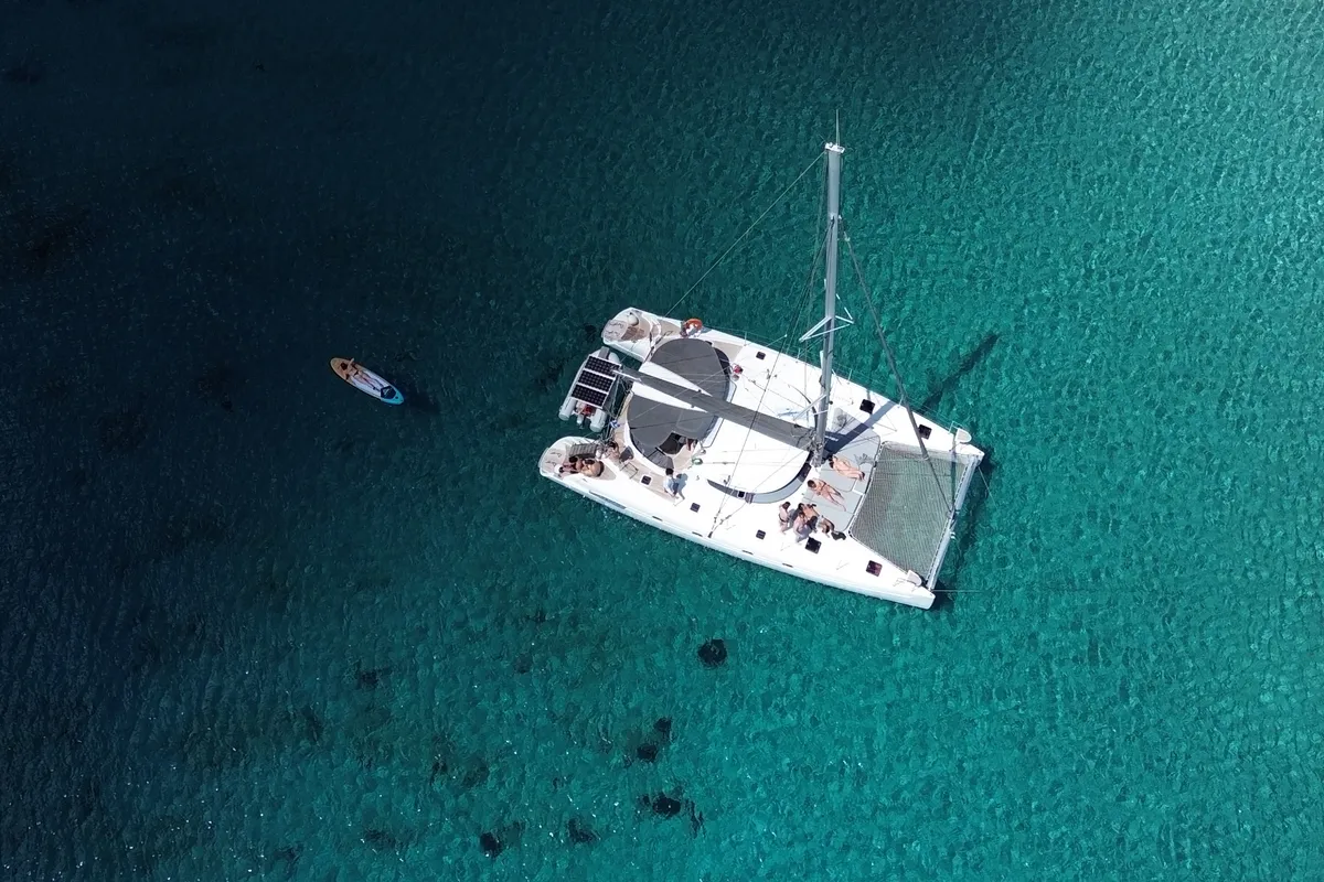 Exterior view of Vetrogon, a Fountaine Pajot Bahia 46 catamaran at Mykonos, Greece