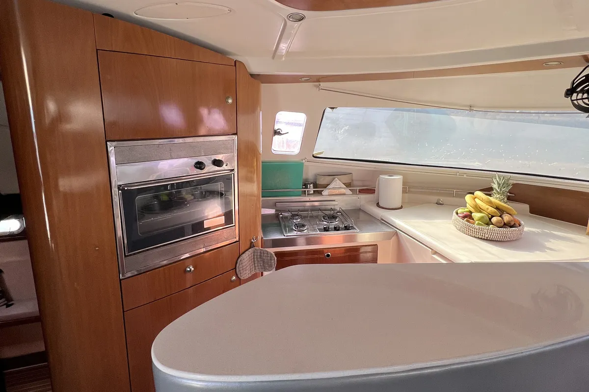 Galley of Vetrogon, a Fountaine Pajot Bahia 46 catamaran at Mykonos, Greece